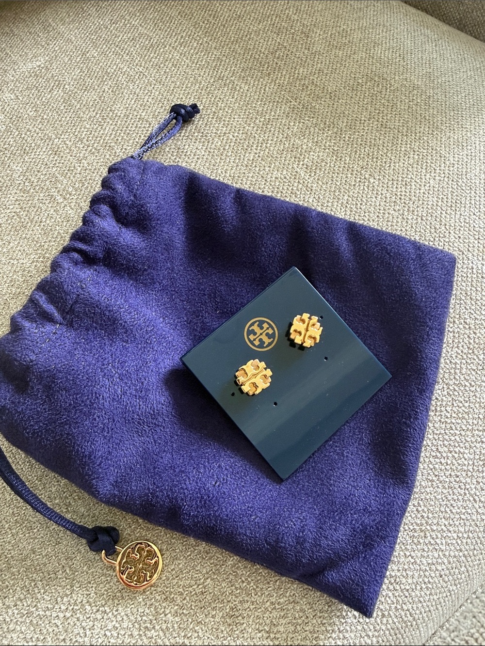 Tory Burch Gold Double-T Stud Earrings with Pouch